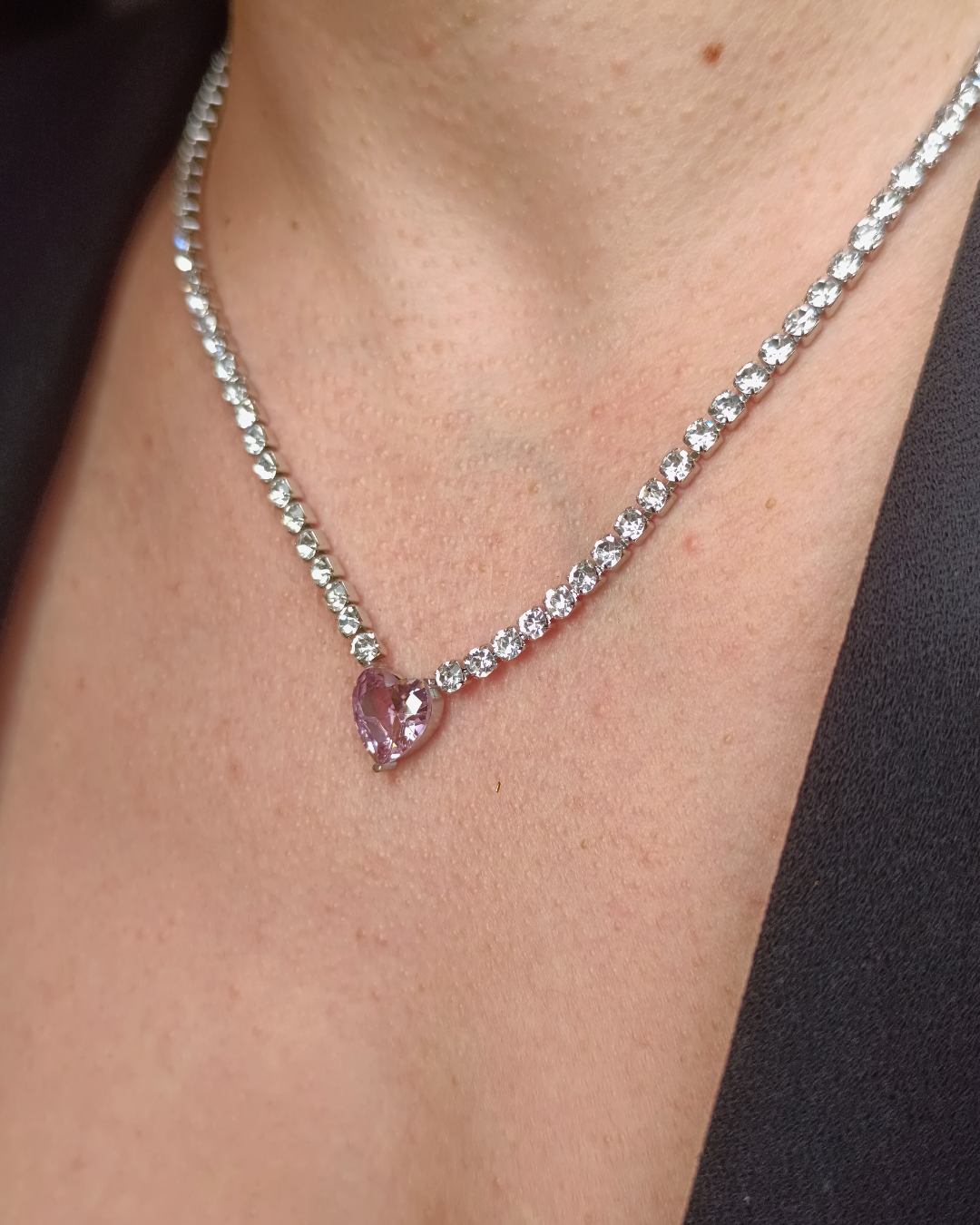 colier Riviera placat cu aur 18K, pandantiv inimă, strasuri zirconiu