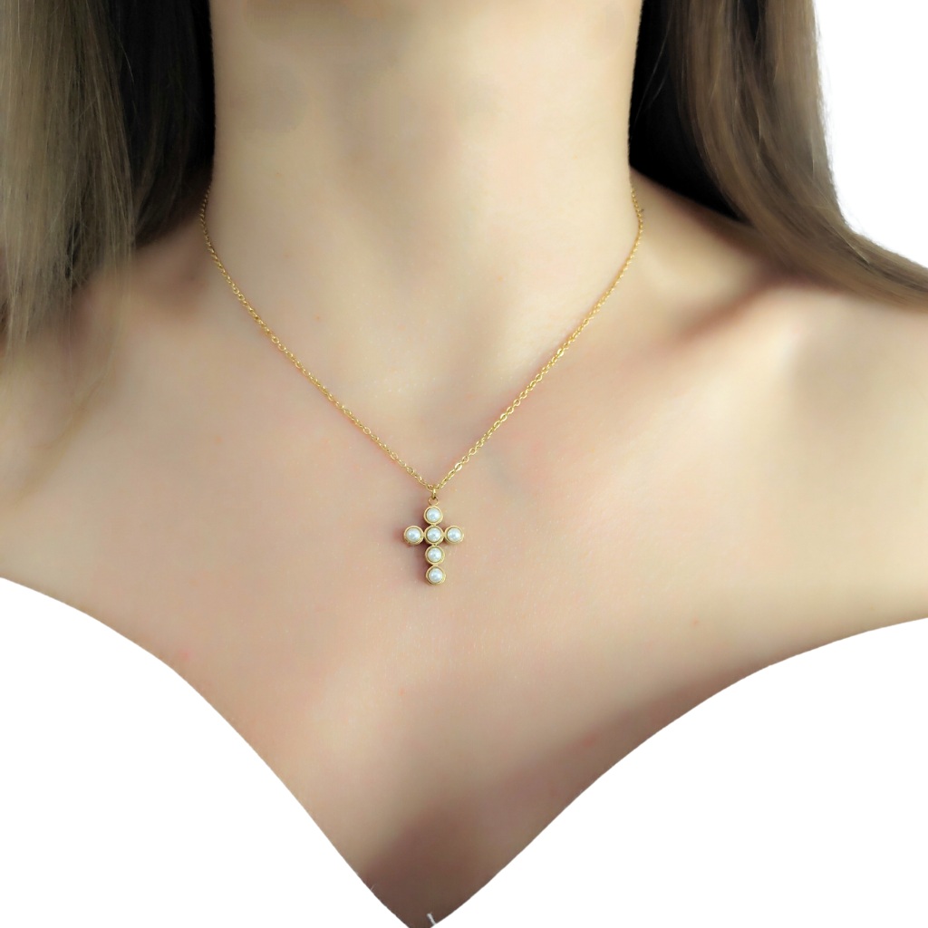 colier placat cu aur cu pandantiv cruce din perle naturale 18K EVIA
