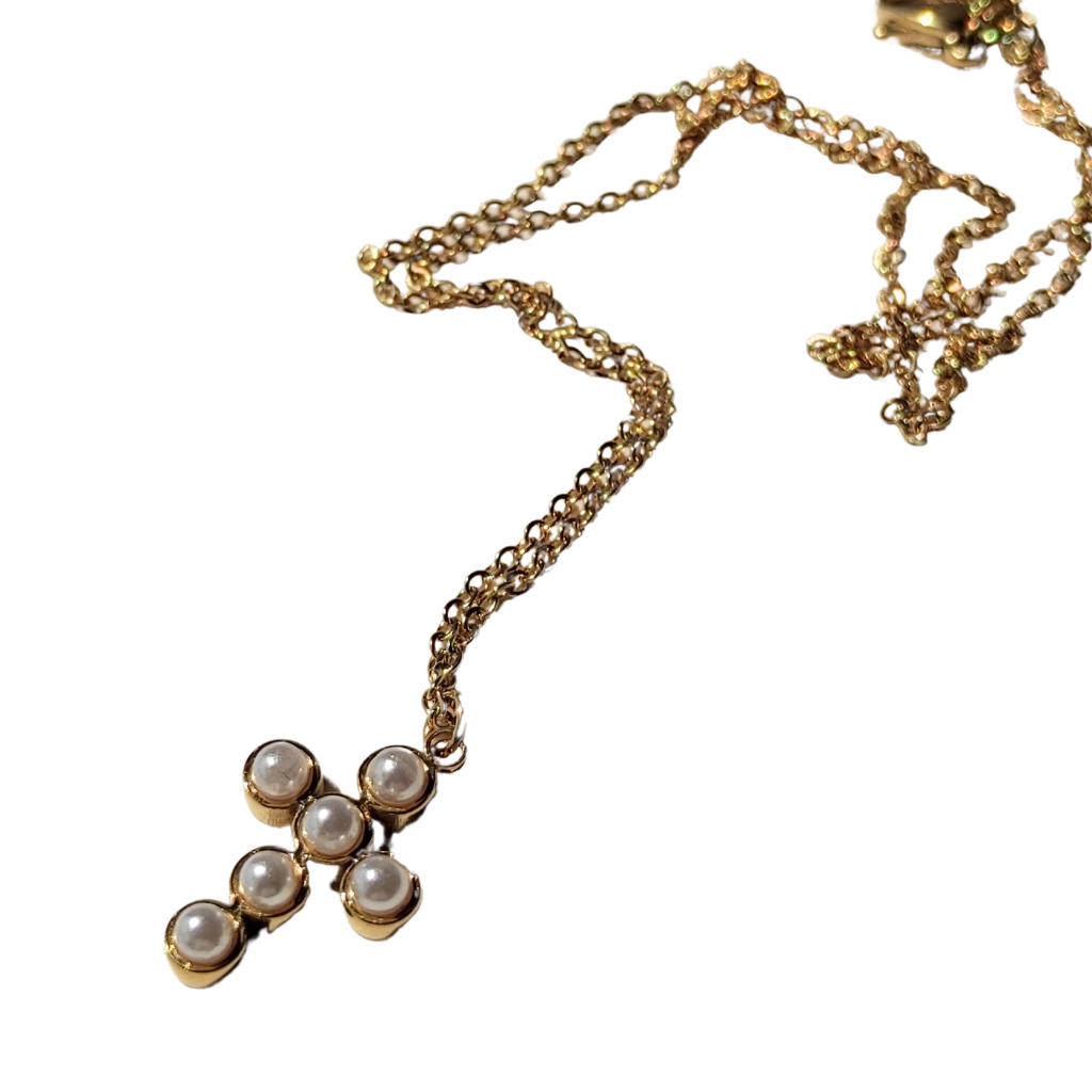colier placat cu aur cu pandantiv cruce din perle naturale 18K EVIA