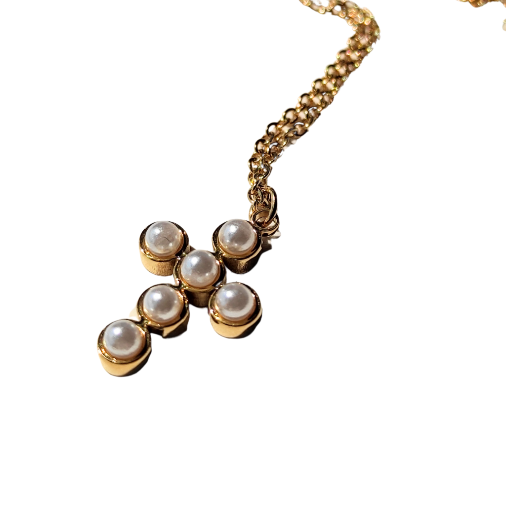colier placat cu aur cu pandantiv cruce din perle naturale 18K EVIA