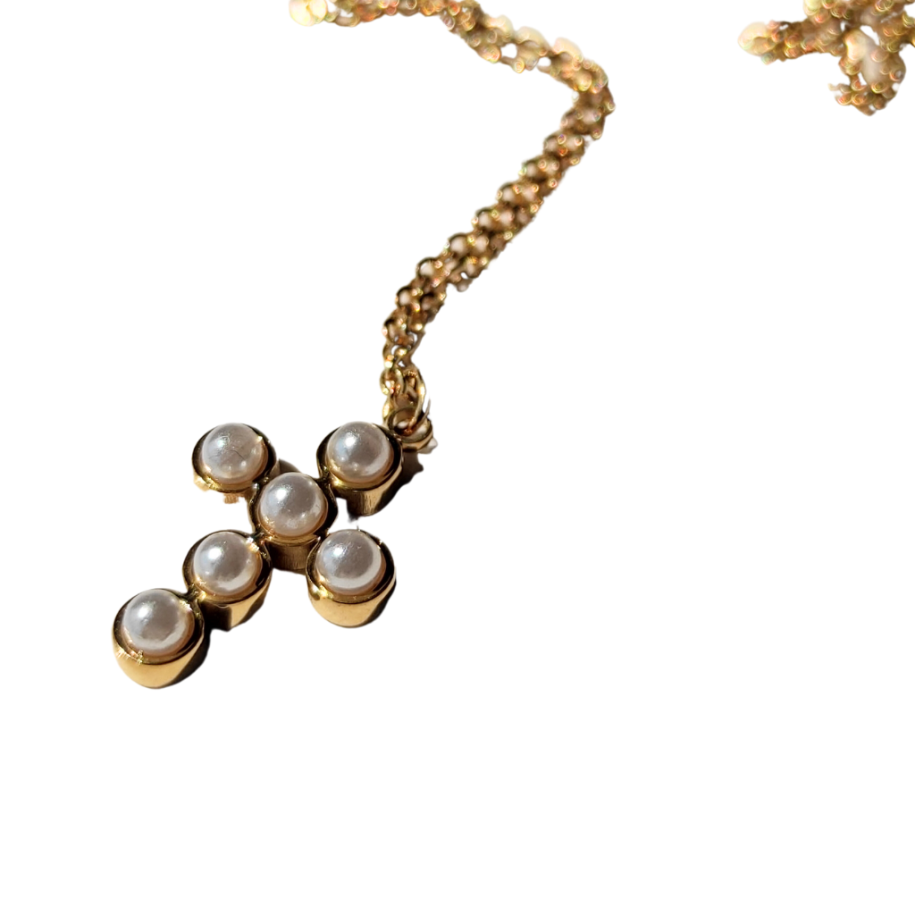 colier placat cu aur cu pandantiv cruce din perle naturale 18K EVIA