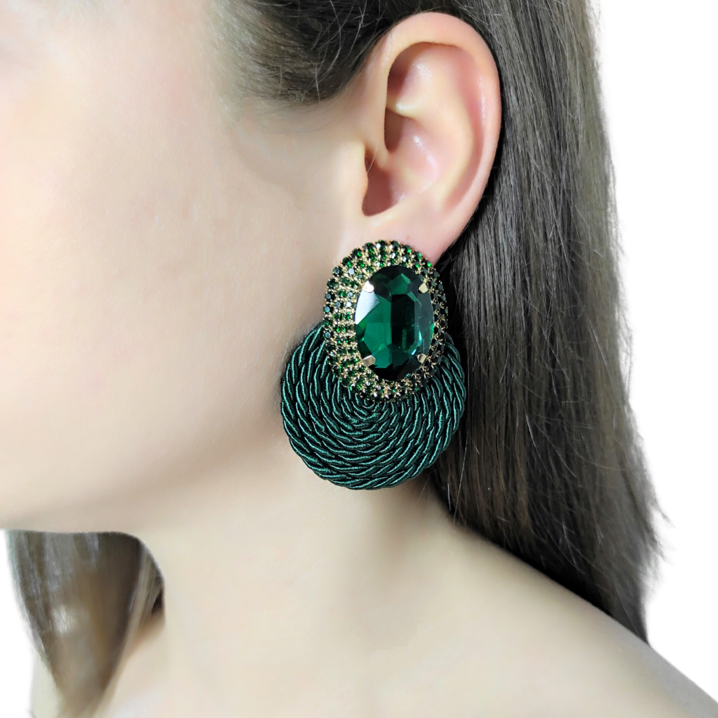 cercei handmade ECLAT cu strasuri verde regal