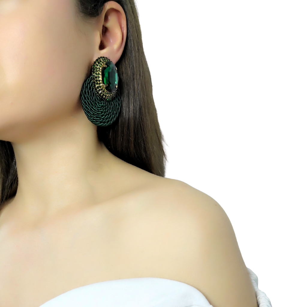 cercei handmade ECLAT cu strasuri verde regal