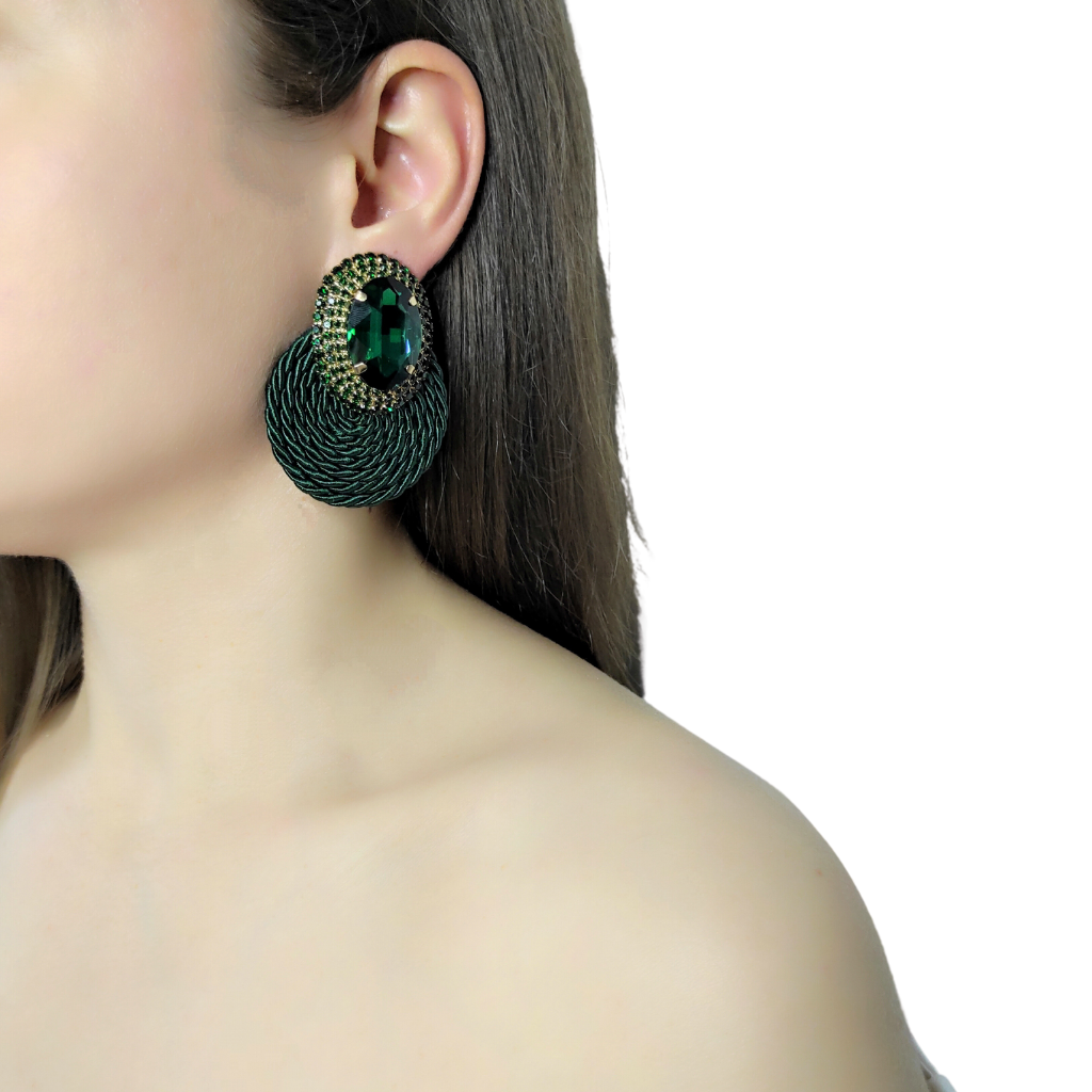 cercei handmade ECLAT cu strasuri verde regal