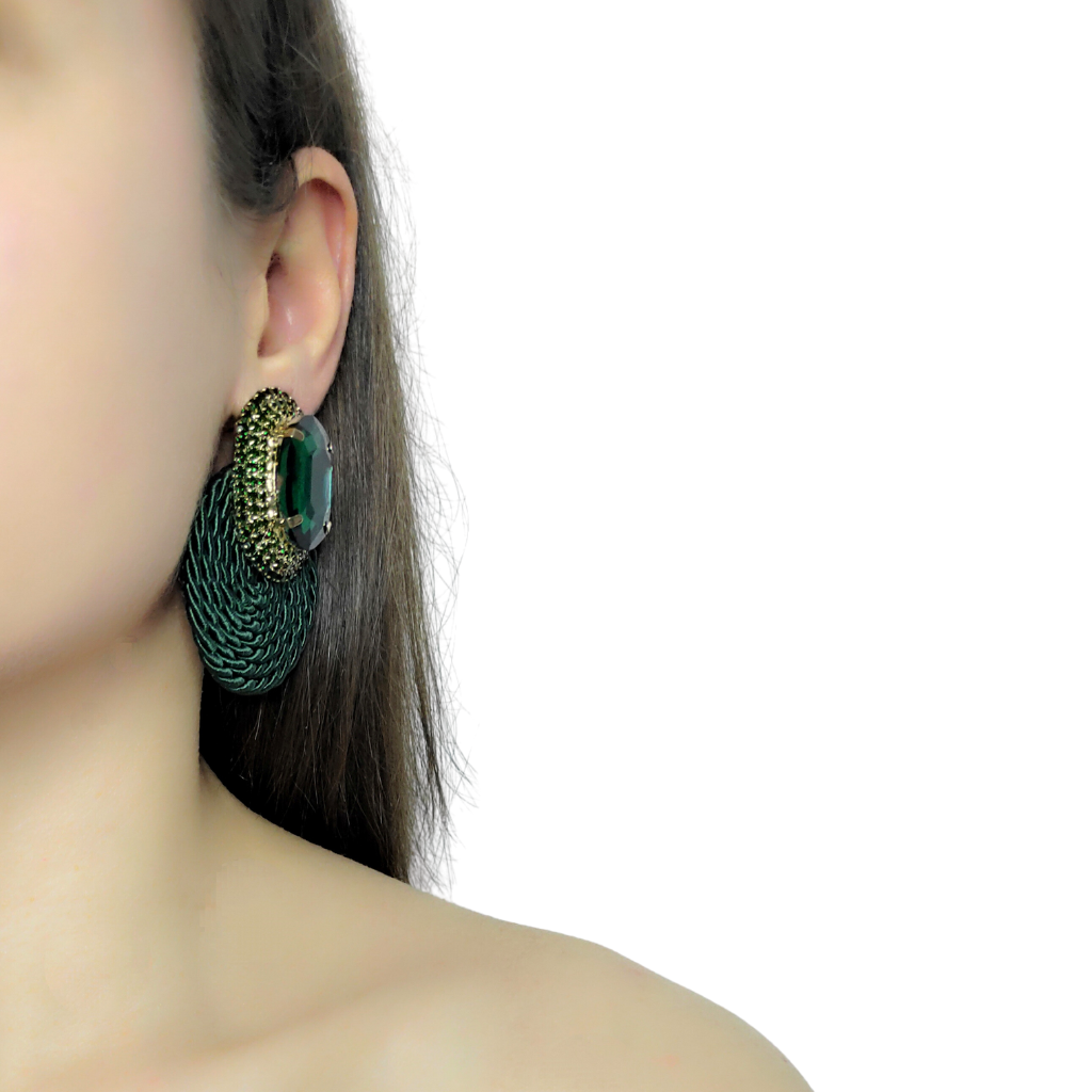 cercei handmade ECLAT cu strasuri verde regal