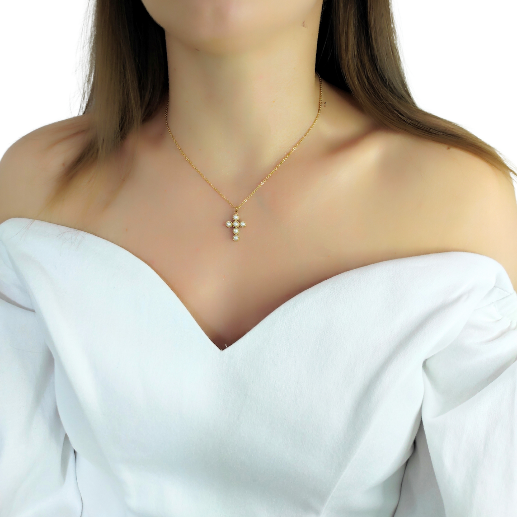 colier placat cu aur cu pandantiv cruce din perle naturale 18K EVIA