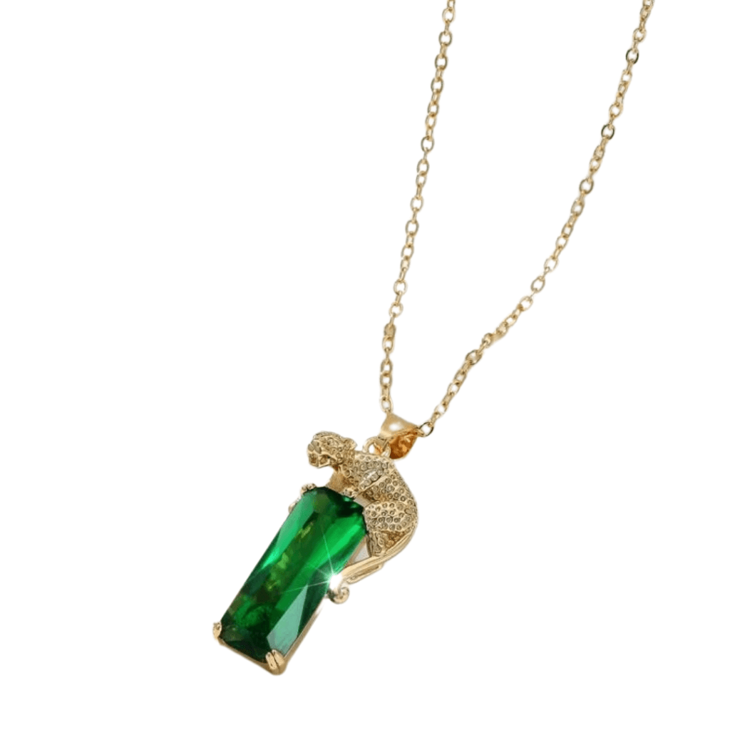 colier JAGUAR placat aur 18K, cu lanț subțire și pandantiv cu piatră verde și jaguar