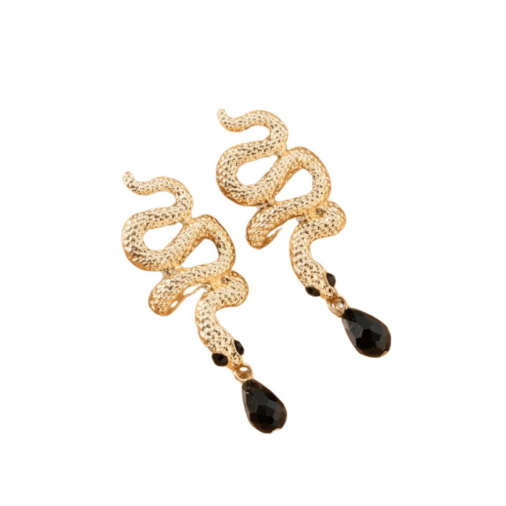 cercei GOLD REPTILE texturați, cu șarpe și strasuri negre