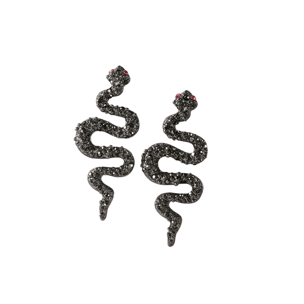 cercei BLACK SNAKES - cercei șarpe cu strasuri aplicate, cercei lungi cu strasuri, cercei negri cu strasuri mici, cercei lungi cu clips , cercei ltm, ltmshop, bijuterii ltmshop