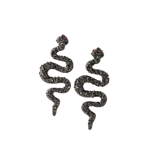 cercei BLACK SNAKES - cercei șarpe cu strasuri aplicate, cercei lungi cu strasuri, cercei negri cu strasuri mici, cercei lungi cu clips , cercei ltm, ltmshop, bijuterii ltmshop
